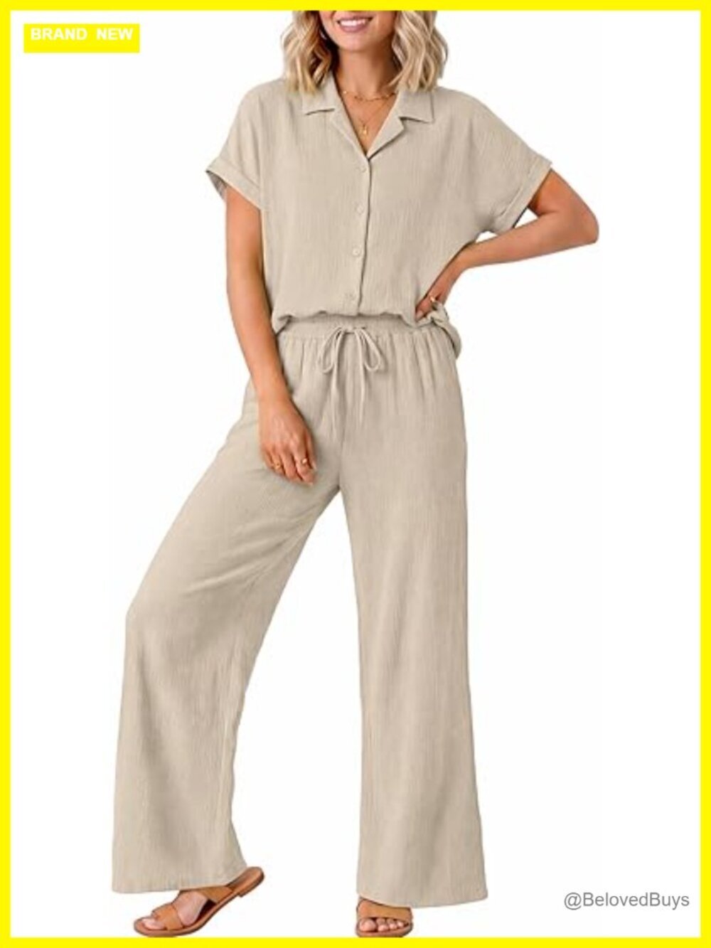 Two Piece Pant Set with Button Down Shirt and Wide Leg Pants